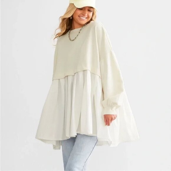 078 Free People Eleanor Oversized Sweatshirt NWT Ivory/White Combo Size Medium - Picture 2 of 5